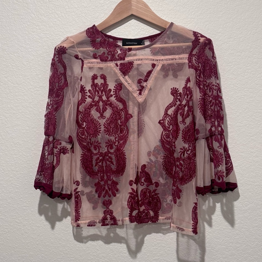 MINKPINK Sheer Mesh Embroidered Blouse Burgundy Coastal Cowgirl Fairy Festival